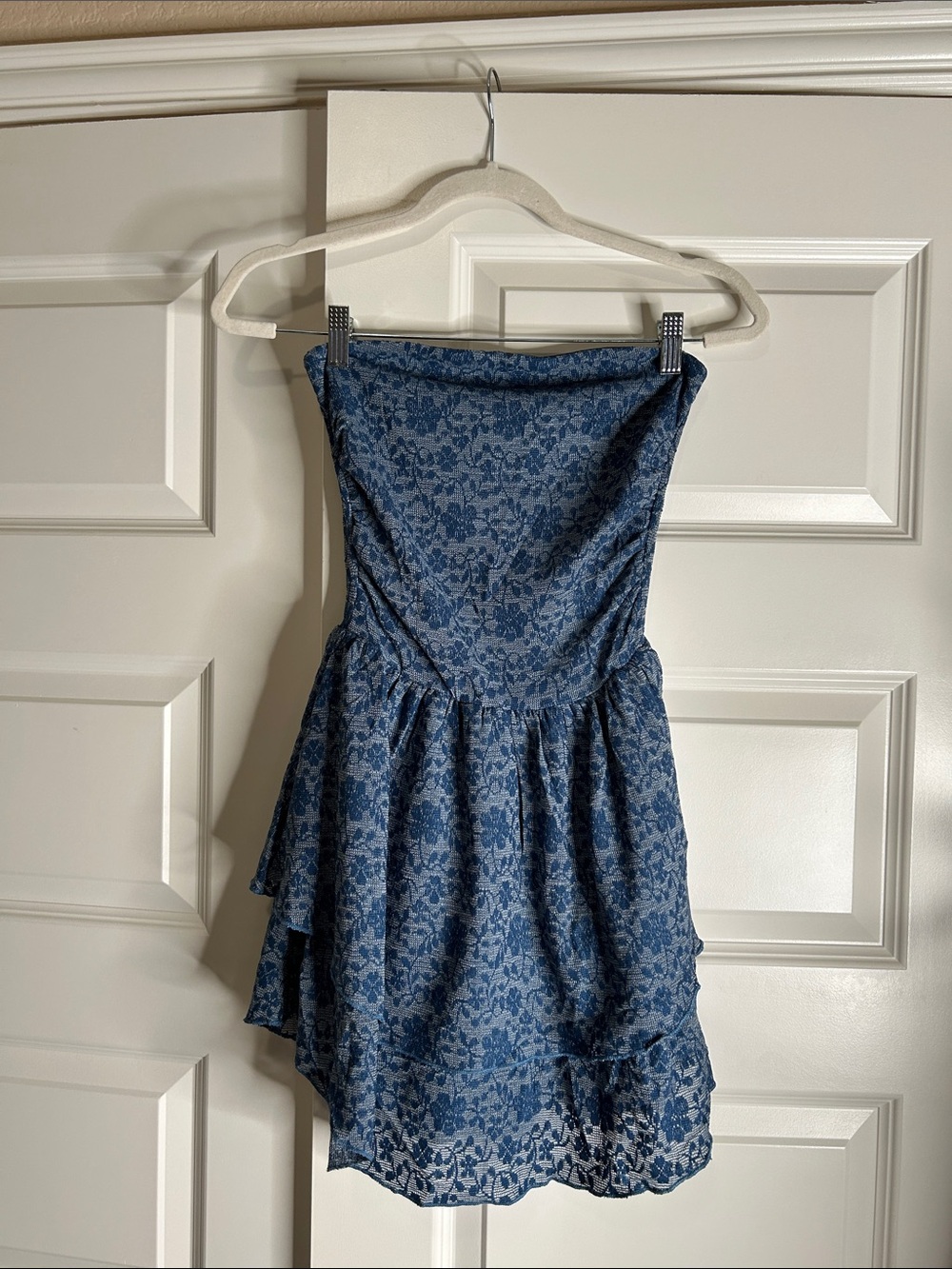 Womens mini Strapless Blue Floral Lace Dress